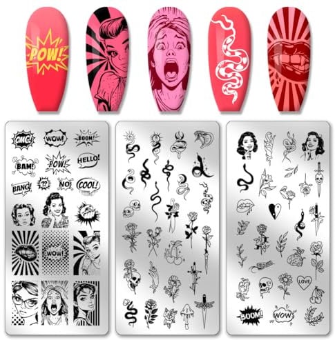 PH PandaHall 3pcs Comic Text Nail Stamping Plates, Retro Avatar Snake Rose Skull Nail Stamper Nails Art Stencils Print Nails Stencils Stainless Steel Nail Image Plates for Manicure Salon Art Design