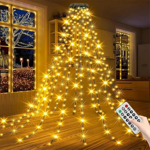Lumières de Cascade d'Arbre de Noël Avec Anneau, Guirlande Lumineuse 1.5M 200 LEDs 8 Modes pour Sapin, Décoration d'Arbres (Chaud)