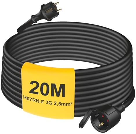 HUARUI Cavo di prolunga per esterni, 20 m, con tappo di protezione, H07RN-F 3G, 2,5 mm², cavo di alimentazione in gomma con spina Schuko per esterni IP44, cavo elettrico esterno, 3500 W, 16 A, 250 V
