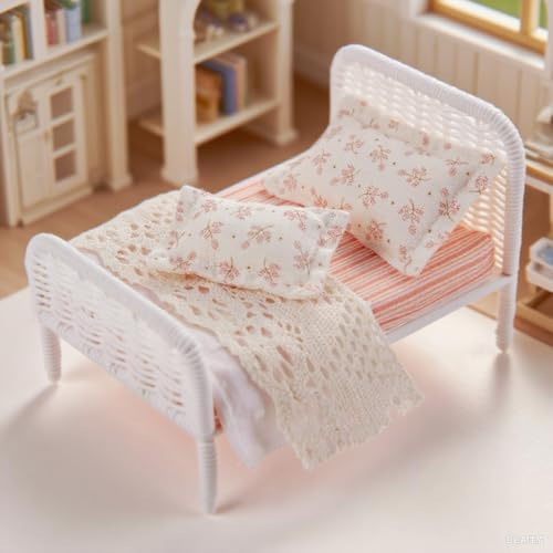 1:12 Rattanbett Weiß Landhausstil Spitzenbettwäsche Puppenhaus Set