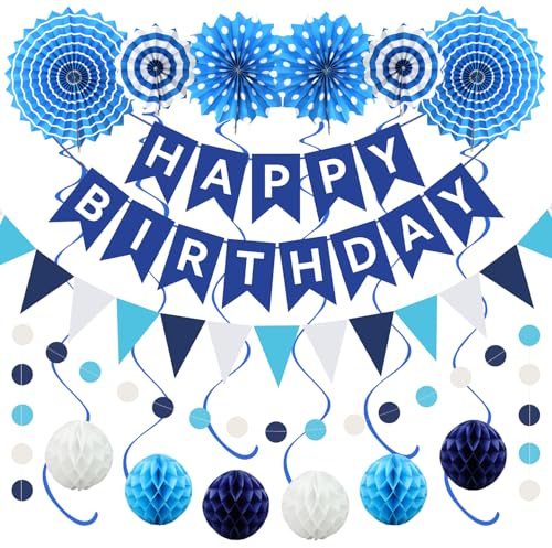 Geburtstagsdeko Set, Blau Geburtstag Party Deko | Happy Birthday Girlande, Wimpelkette, Wabenbälle, Papierfächer, Hängende Wirbel, Punkte Girlande, für Männer Frauen Kinder