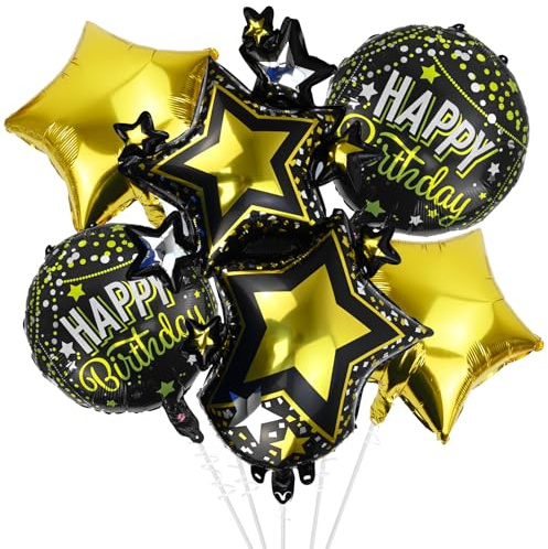 NISENTIA Folienballons Geburtstag, XXL Helium Luftballons Geburtstag Schwarz Gold Happy Birthday Ballon Geburtstagsdeko Star Balloon Luftballons Happy Birthday für Erwachsene Kindergeburtstag Deko