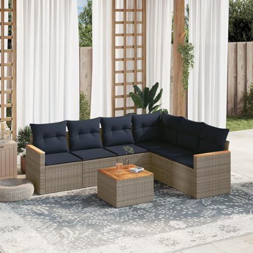 sephironlbb Set di 7 divani da giardino con cuscini, in polyrattan, per balcone, terrazza, giardino, resistente alle intemperie, con tavolo e gruppo di sedute in rattan