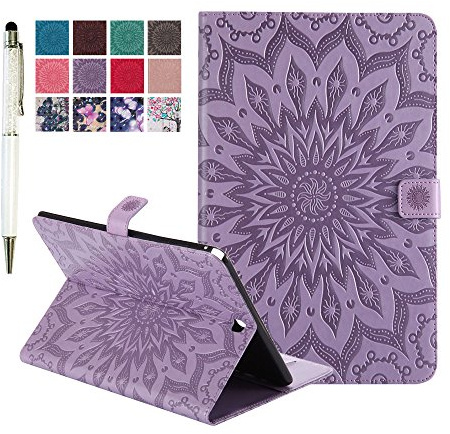 MiusiCase Coque pour Samsung Galaxy Tab A 9.7 SM-T550 Housse Etui,Flowers Relief Motif PU Cuir Flip Smart Case Cover pour Samsung Galaxy Tab A 9.7 SM-T550 / SM-P550.(Sunflower Purple)