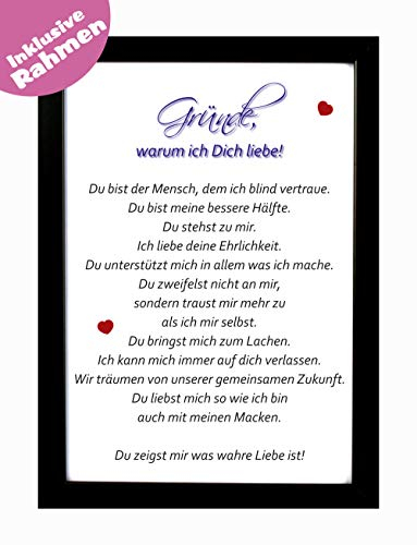 Bilderrahmen mit Liebeserklärung - Gründe warum ich dich liebe als Geschenk zu Weihnachten inkl. Rahmen aus Holz - Hochwertiger Druck DIN A4