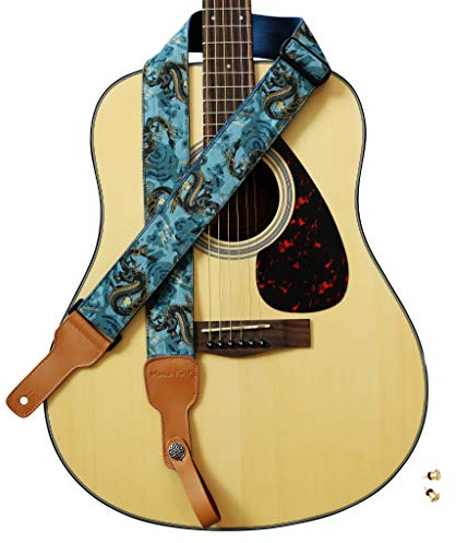 MUSIC FIRST Original Design, 2 inch width (5cm), Ukiyoe Style “The Dragon King” Soft Muslin & Genuine Leather Delux Guitar Strap, Ukulele Strap, Mandolin Strap