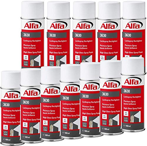 Alfa Lackspray 400 ml für Innen und Außen - Sprühlack zum Lackieren und Dekorieren, hohe Deckkraft Farbspray, Sprühdose, Made in Germany (12, RAL 9016 Verkehrsweiß Hochglanz)