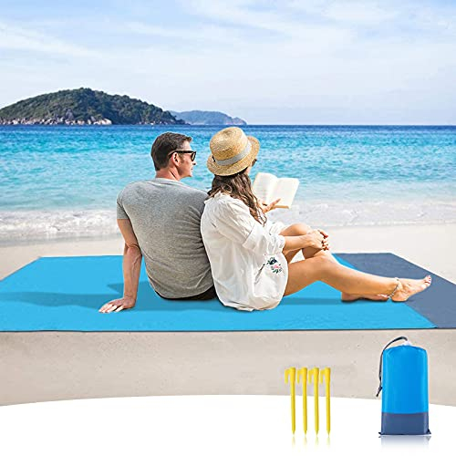 Sendowtek Stranddecke Sandfrei, 200 x 140 cm Stranddecke Wasserdicht Campingdecke 4 Befestigung Ecken für Strand Picknick Campen Wandern und Ausflüge Picknickdecke Strandmatte