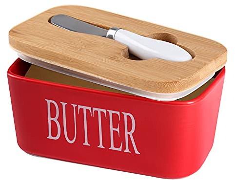 Lesige Ceramic Butter Dish with Wooden Lid - Large Container Keeper Storage Plate with Stainless Steel Knife, Bamboo Cover and Silicone Sealing Ring for West East Coast Butter, Red