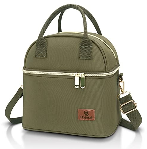 Hafmall 9L Insulated Lunch Bag for Women Men, Dual Compartment Lunch Cool Bag for Work School, Adult Lunch Bag with Shoulder Straps, Green