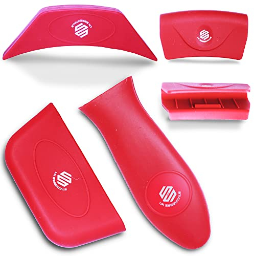 Pan Handle Covers Heat Protector Silicone hot Handle Holder Non-Slip Anti-hot Sleeve Assist potholder for Cast Iron Skillets & Metal Frying Pans, Heat Insulated for hotpot Grips 5pcs (Mat Red)