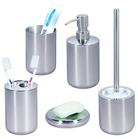 Relaxdays Accesorios Baño Acero INOX. Pulido, 5 Piezas, Utensilios, Juego Completo de Complementos, Modernos, Plateado, Inoxidable, 5-Teilig