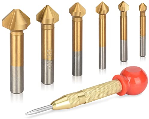 oumuik 6 tlg 90° Kegelsenker/Kegelsenker Metall Senkbohrer Kegelsenker Set mit 1 x Messing Center Bohrer PunchØ 6,3-20,5 mm