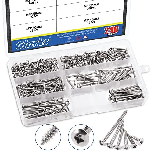 Glarks 240 piezas M3 x 12 mm/16 mm/20 mm/25 mm/30 mm/40 mm Phillips cabeza de braguero de acero inoxidable 304 kit surtido de tornillos de madera autoroscantes de cabeza plana métrica de 6 tamaños