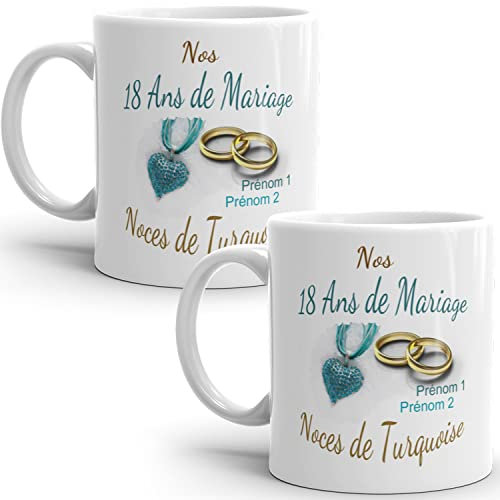Mug duo 18 ans noces de Turquoise personnalisable anniversaire mariage 2 prénoms tasse Idée Cadeau Originale Famille couple mari femme noel fete époux épouse