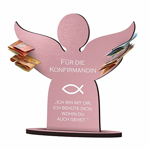 CHRISCK design Personalisierter Holz Engel als Geldgeschenk zur Kommunion Konfirmation Taufe Jugendweihe Firmung - Persönliches Geschenk für Mädchen & Junge - Schutzengel als Geschenkidee und Deko