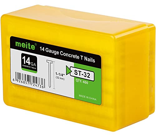 meite 14 Gauge Concrete T Nails for Pneumatic Concrete Nailer Gun - 32 mm Length Galvanised Concrete Finish Nails (400 Counts)