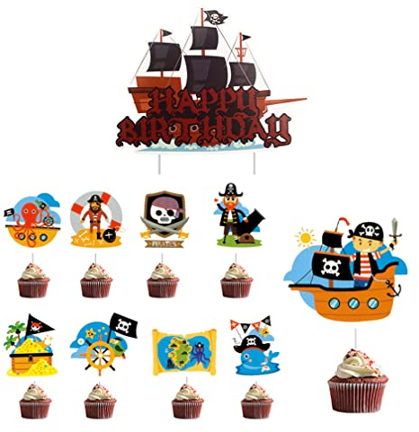 Guoguonb 28 Stück Piratenkapitän Tortendekoration Nautische Schätze Cake Topper Piraten Kuchendeckel Piraten-Serie Kuchen Topper Cupcake für Kinder Mädchen Junge Halloween Party Muffin Deko