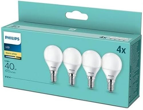 Philips LED Premium Classic P45 Lustre Light Bulb 4 Pack [E14 Small Edison Screw] 5.5w - 40W Equivalent, Warm White (2700K), Non Dimmable, A++