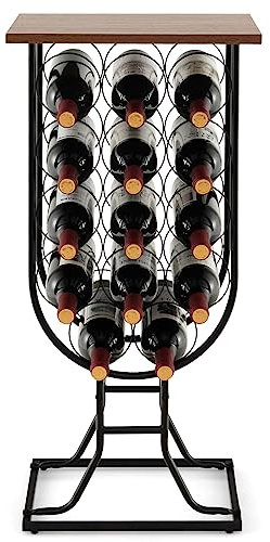 GOPLUS Casier à Vin 14 Bouteilles avec Roues, Organisateur de Rangement de Vin Mobile avec Cadre Métallique, Plateau en Bois, Cuisine, Garde-Manger, Bar, Noir