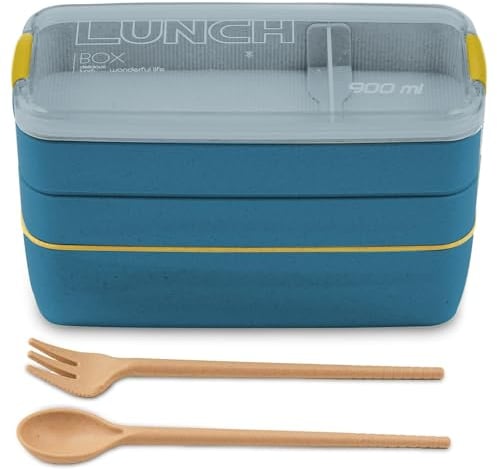 CUQOO Bento Lunch Box - Stackable 3-Compartment Leakproof Bento Box for Kids & Adults, BPA-Free, Microwave & Dishwasher Safe with Cutlery, Reusable Portable Bento Box for School, Work & Picnics, Blue