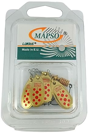 MAPSO - Blister de 4 cuillères de pêche Orion nº2 argent rouge avec hameçon simple sans mort, 4,5 GMS.
