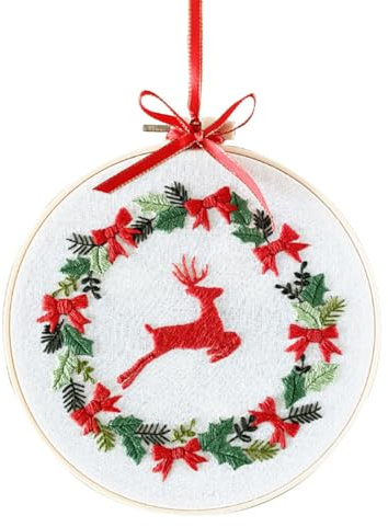 YEESAM ART Stickerei-Starter-Set mit roten Elch- und Weihnachtskranzmustern, komplettes Set DIY Stickerei Kreuzstich Kits für Erwachsene Anfänger Handarbeit Nähen