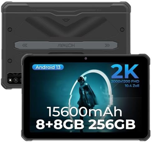 HOTWAV R6 Ultra Outdoor Tablet, Android 13 2K FHD+ 10.4 Zoll 15600mAh Tablet, Octa-Core 16(8+8) GB RAM + 256GB ROM + 2TB Erweiterbar, 16MP+16MP Kamera IP68/IP69K PC, 4G Dual SIM/5G WiFi/BT5/GPS