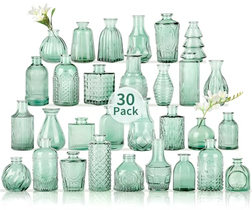 Glasvasen in Großpackung mit 30 Stück, kleine Glasvasen für Blumen als Hochzeitsdekoration für Tische, transparente Blumenvasen, geeignet für Hochzeitsdekorationen, Heimdekoration (Dunkelgrün, 30