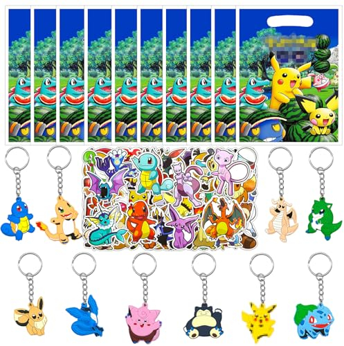 GOACRS Mitgebsel Kindergeburtstag Set, 10 Karikatur Schlüsselanhänger + 50 Anime Aufkleber + 10 Geschenktüten, Cartoon deko geburtstag 5-7, Partygeschenk-Packs mit mehreren Elementen für Spielzeug