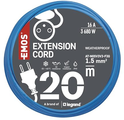 EMOS Verlängerungskabel, Frost- und bruchsicher, 20 Meter, French-Standard