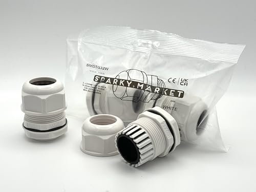 Pack of 2 M32 White 32mm IP68 Waterproof Nylon Cable Glands, Locknut and Washer for 18mm - 25mm Cables, Compression Stuffing Gland Connector Sparky Market