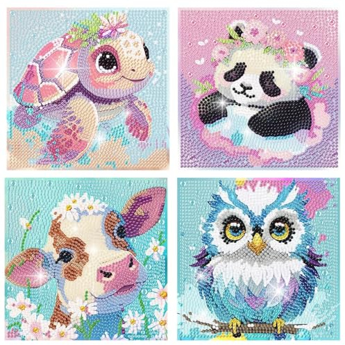 HecticCore 4er Pack Diamant Painting Kinder, Niedliche Tiere 5D DIY Diamant Kunst Mosaik Sets für Anfänger, Vollrundbohrer Edelstein-Kunst für Zuhause Wanddekoration,Mädchen Geschenk15x15cm