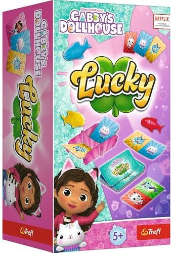 Trefl - Lucky, Gabby's Dollhouse - Dynamisches Kartenspiel, Heldenkarten Märchen Katzenhaus Gabi, Gummifische, Schnelles Familienspiel, Familien-Spiel für Erwachsene und Kinder ab 5 Jahren