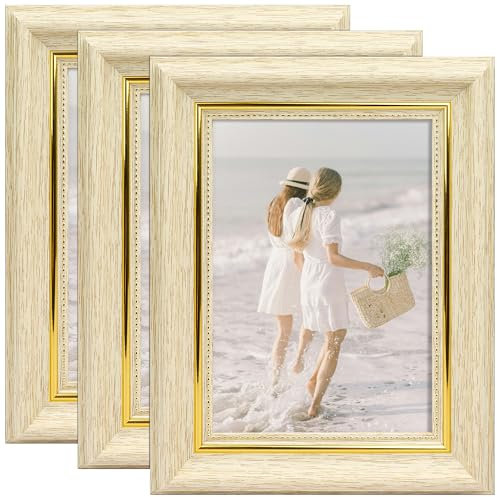 Marcos de Fotos Esdallina, Portarretratos 5 x 7 Pulgadas, Paquete de 3, Beige, Diseño Retro, Decoración Clásica para Hogar y Oficina