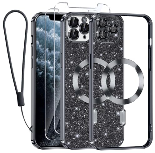 Kokio Handykette für iPhone 11 Pro Hülle Glitzer, [Kompatibel mit MagSafe] Magnetisch Handyhülle für iPhone 11 Pro mit 2 Stück Schutzfolie Stoßfeste Silikon TPU Schutzhülle, Schwarz