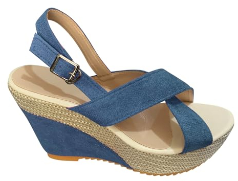 Outdoor Schuhe Damen Damen Frühling/Sommer-Kuchen-Strandsandalen mit dicker Unterseite und Slope-Denim-Schnalle Langlaufski Set Damen Klassisch Mit Bindung Und Schuhe (Blue, 42)