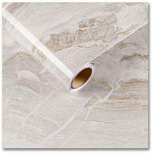 CRE8TIVE Beige Gold Marble Vinyl Wrap Self Adhesive Wallpaper Removable Kitchen Vinyl Wrap Glossy Marble Sticky Back Plastic Roll Wallpaper for Living Room Countertop Cabinet Bathroom 30cm x 200cm