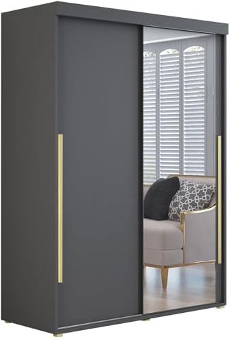 Meble Slupia - Garderobenschrank - Kleiderschrank mit Spiegel und Schiebetüren - 180x202x62cm - Kleider Schrank Schlafzimmer mit Kleiderstange - IGA 01 Anthrazit, Griff Gold