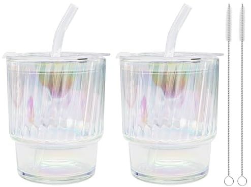 Glass Tumblers with Straws and Lids, Viceda 2 Packs Dazzling Colourful Glasses, Glass Straws, Leak Proof Drinking Glasses, Perfect for Coffee Smoothies Water Juices Tea (with 2 Straw Cleaning Brushes)