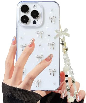 XQAGU Phone Case for iPhone 13 Pro Clear Glitter Case with Cute Bow Knot Aesthetic Girly with Phone Charms Chain Bracelet Soft Protective Cover for iPhone 13 Pro-Transparent