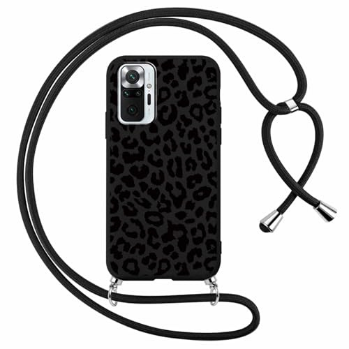 Foonary Coque pour Xiaomi Redmi Note 10 Pro / 10 Pro Max avec Cordon de Collier, Aesthetic Léopard Motif Étui Housse Réglable Lanyard Corde, Souple Silicone Antichoc Protection Case 6,67, Noir Chaîne