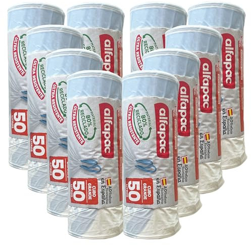 80% reciclado 10 rollos de 10 bolsas de basura (100 bolsas) de 50L, Ultra resistentes, Triple capa, Antigoteo, autocierre blancas