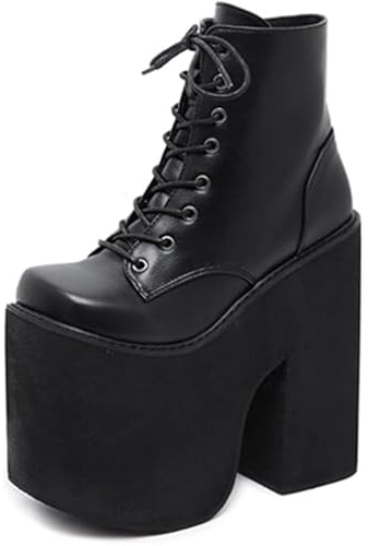 WEHAM Nero,35,Stivali da donna con plateau grossi neri Goth, stivali da combattimento alla caviglia con lacci gotici da 17 cm, scarpe con plateau cosplay con tacco alto punk