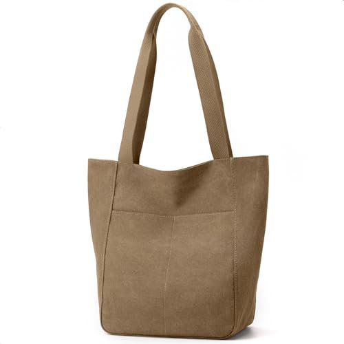 MAYMOONER Canvas Handtasche Damen Tote Bag mit Reißverschluss Große Umhängetasche Schultertaschen für College Schule Arbeit Reisen Einkaufen (Kaffee)