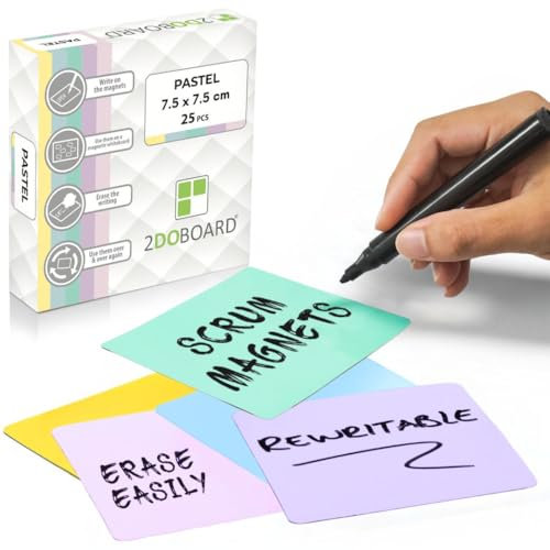 2DOBOARD Beschreibbare Magnete - 7,5 x 7,5 cm Pastell - 25 Stück - Kanban Magnete, Scrum Magnetische Karten oder Magnetstreifen beschreibbar für Whiteboard und Kühlschrank (Pastell Mix)