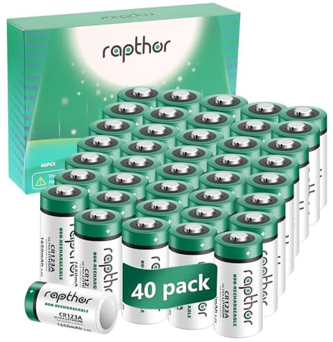 Rapthor Lot de 40 piles au lithium CR123A 3 V 1650 mAh pour capteurs, serrures sans clé, flash photo et lampes de poche, certifiées CE, UL, ROHS - Non rechargeables