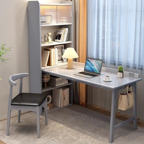 Solid Wood Corner Desk with Bookshelf Glass Door and Open Shelves Modern Grey Office Work Table for Home (47 Inch)