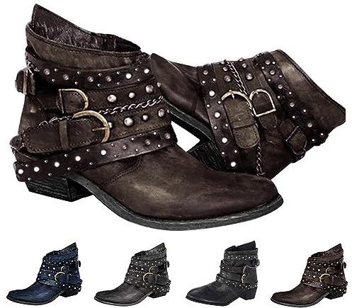 Stiefeletten Damen Retro Gotisch Winterstiefel Damenstiefel mit Absatz Ankle Boots Damen Kurzstiefel Schnürstiefeletten mit Reißverschluss Worker Boot Damen Schlupfschuhe Stiefel Damen Westernstiefel