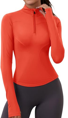 iWoo T-Shirt Damen Gym Top Sportshirt Atmungsativ Langarmshirt Half Zip Sportjacke Sweatshirt Laufshirt mit Halbem Reißverschluss und Daumenloch Orange S
